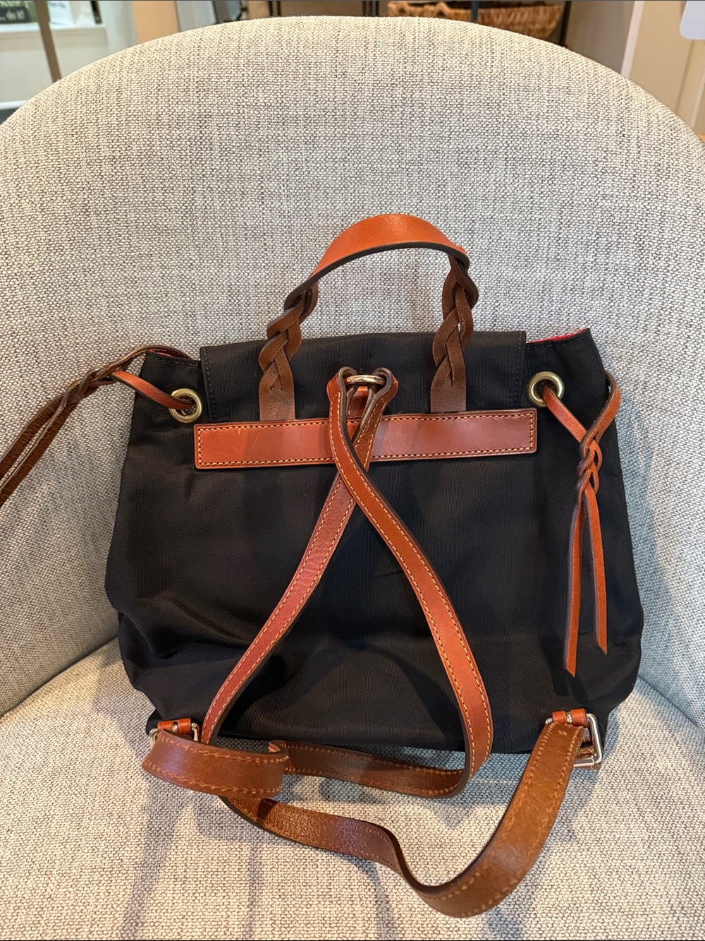 Dooney & Bourke Black Nylon Backpack with Brown Leather Trim and Buckle - Picture 2 of 2